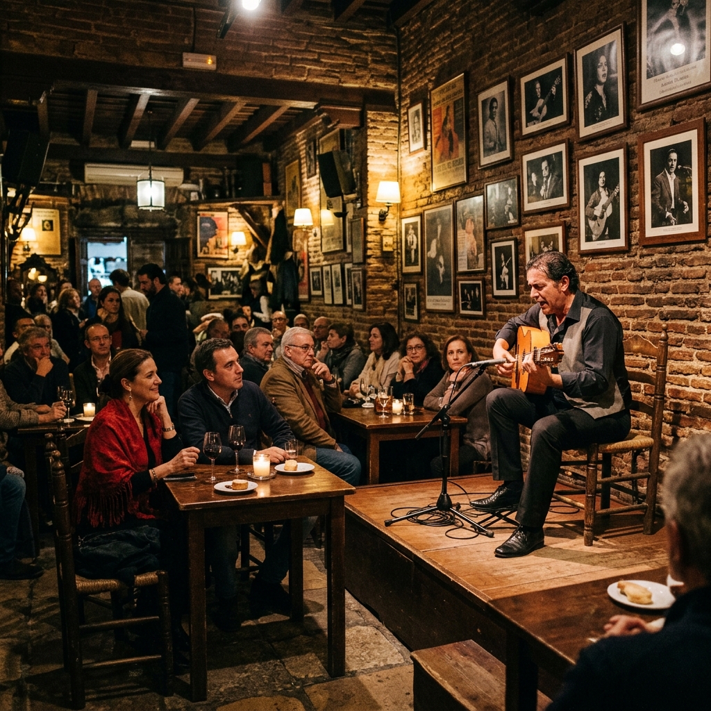 Interior de la Peña Flamenca El Madroñero durante una actuación de guitarra flamenca