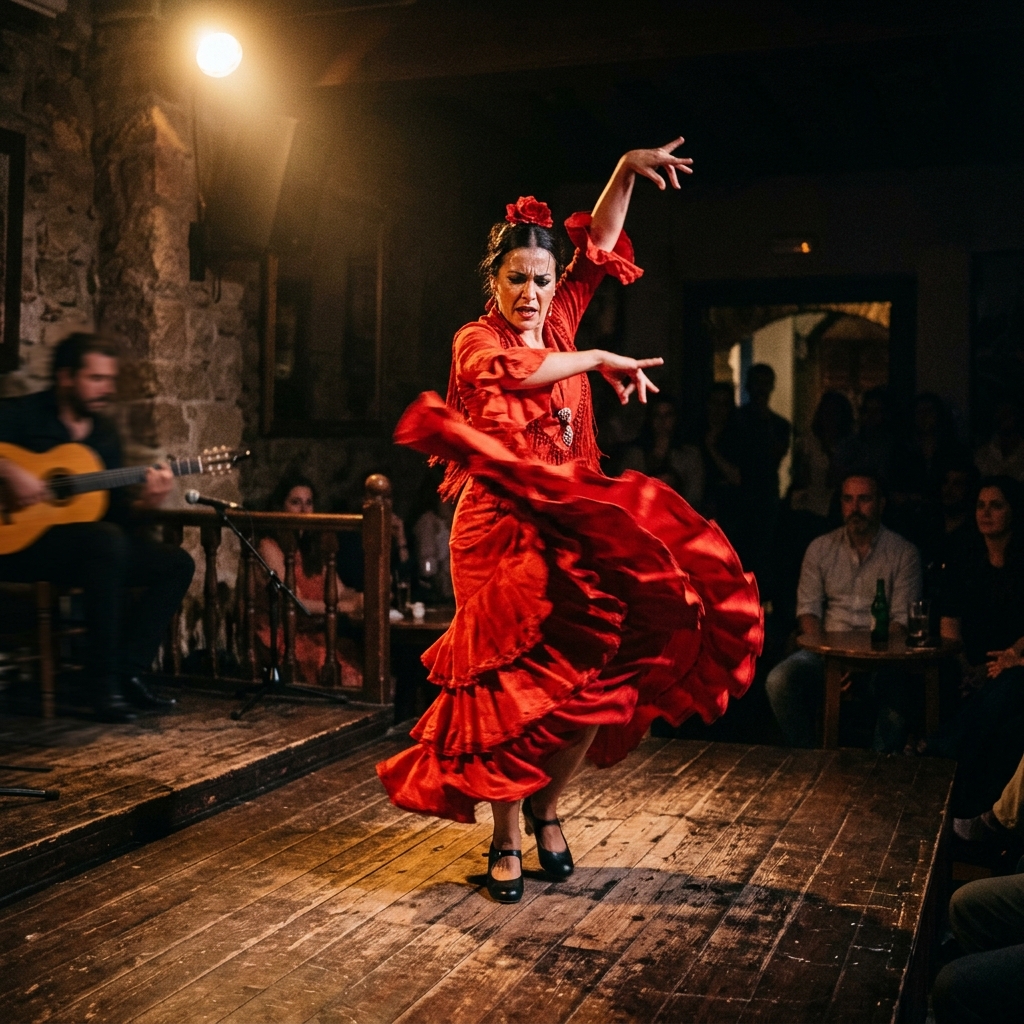 Bailaora flamenca actuando en el escenario de la peña con vestido rojo